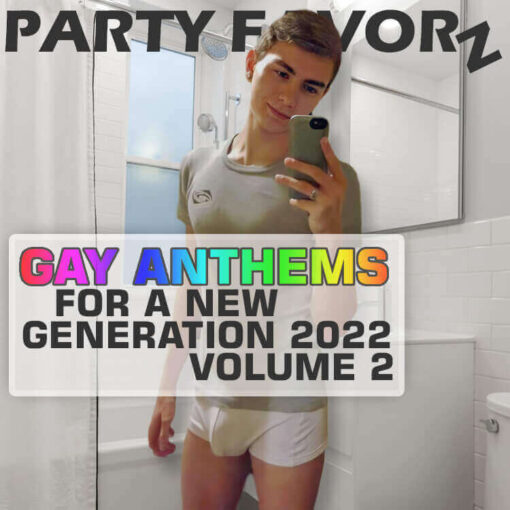 Cute twink in tight boxer briefs with a huge package taking a selfie for the cover art of Gay Anthems For a New Generation 2022 Volume 2 featuring modern queer anthems