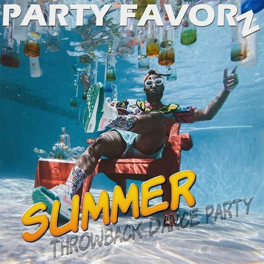 Guy sitting on chair underwater with bottles floating around him for coverart of Summer Throwback Dance Party featuring old school music