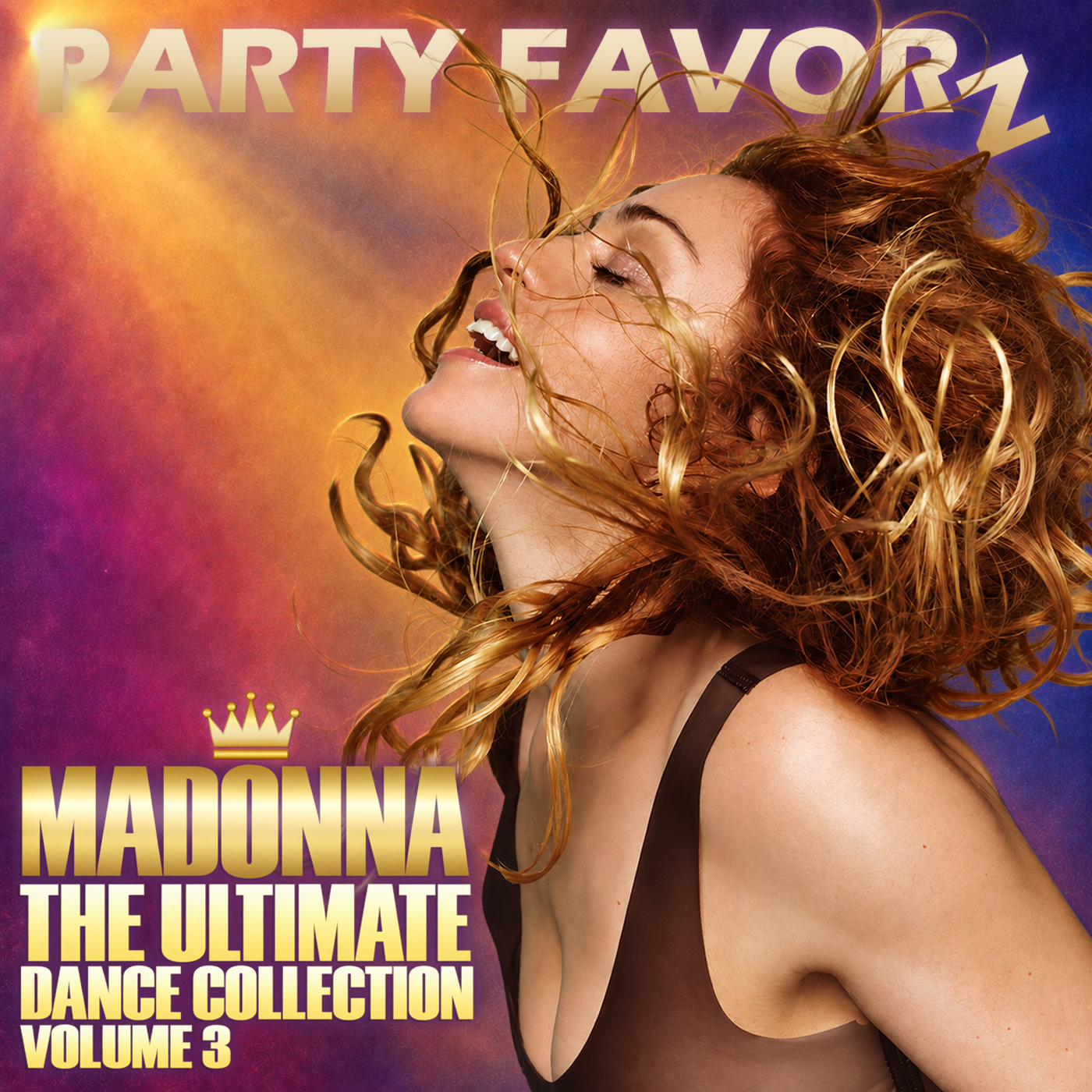Madonna with windswept hair against a gold and purple background on the cover of The Ultimate Dance Collection Volume 3.s