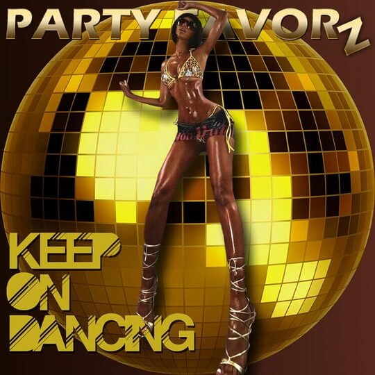 Sexy black woman in cheetah print bikini top and hot pants behind a disco ball