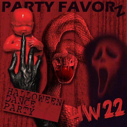 demon baby with black claw, serpent with apple in the mouth, and spooky ghost from movie Scream