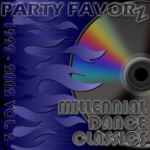 CD with rainbow colors and flames coming from the left in purple