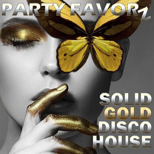 Woman's face with gold eyeshadow, and gold tipped fingers and a yellow butterfly over her right eye.