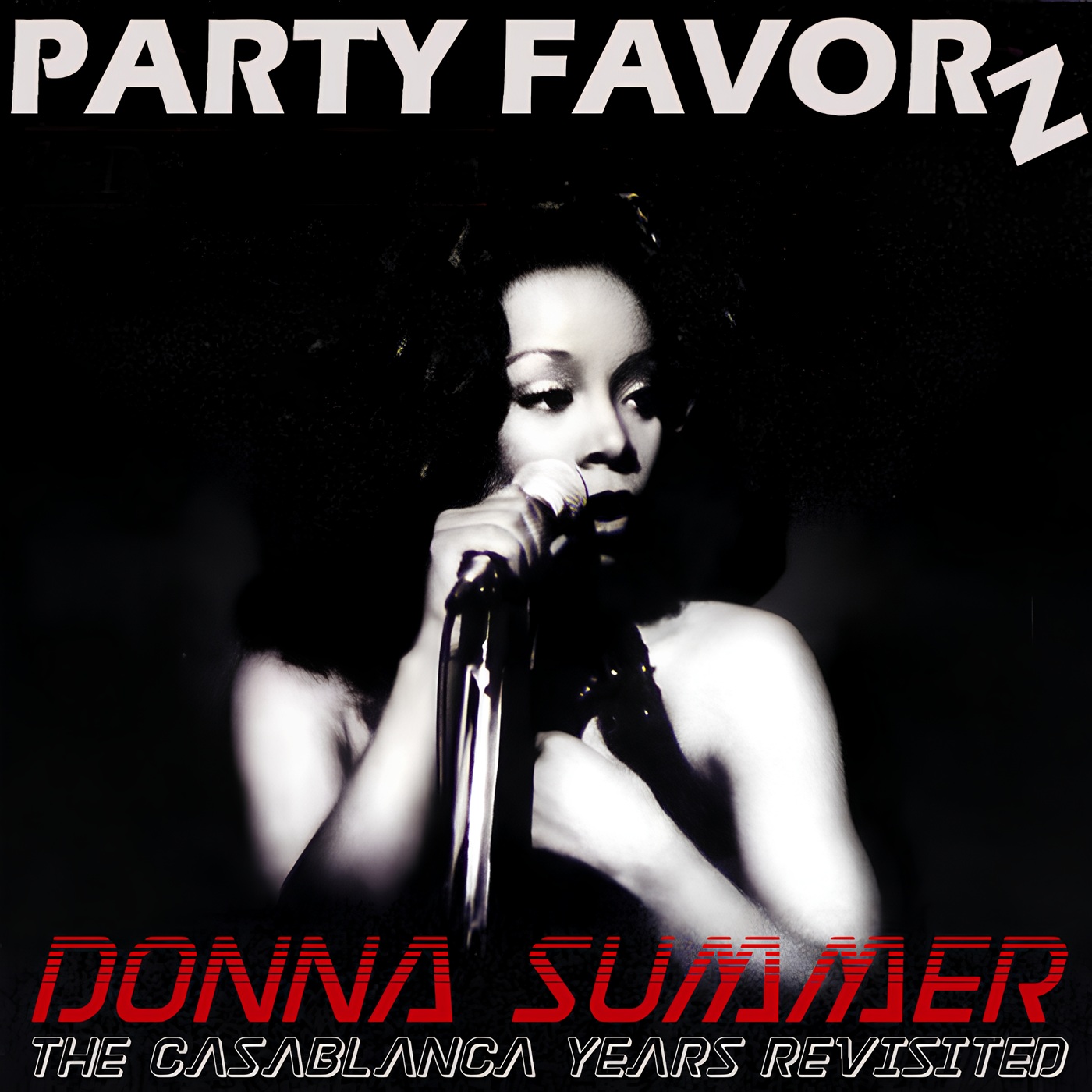 Donna Summer the Queen of Disco on a black and white holding a microphone live in concert for the Casablanca Years Revisited Tribute Mix