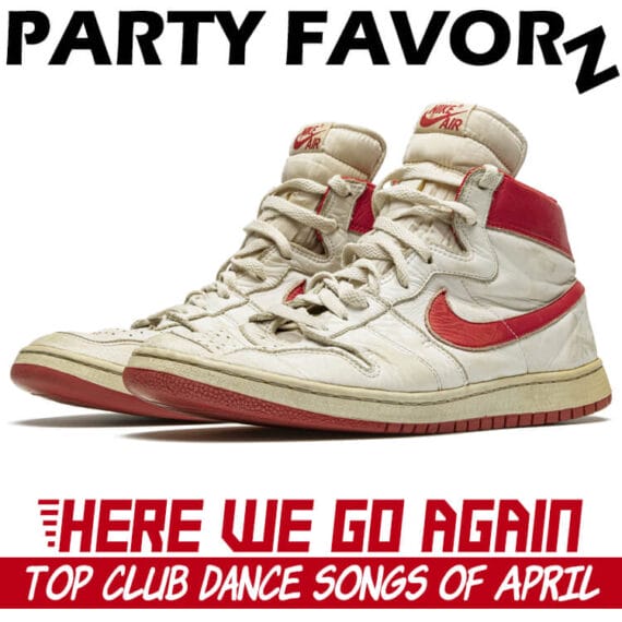 Worn pair of Nike Air Jordans in white and red for the coverart of Here We Go Again featuring the latest club dance songs of April 2023