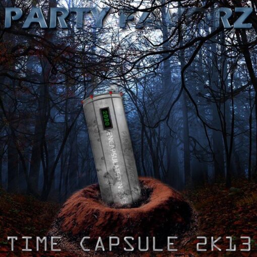 Coverart for the Top Dance Songs of 2013 volume 1 with a time capsule lodged into the bark of a tree in the middle of a dark forest