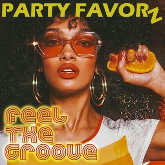 70s inspired woman with large glasses squeezing orange for the cover art of Feel The Groove featuring the latest funky house music