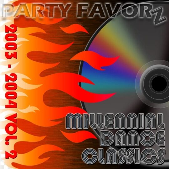 CD with orange and red flames protruding over it. Millennial Dance Classics 2003 - 2004 Volume 2