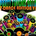 Bright, retro artwork showing stacked colorful vinyl records, cylindrical speakers and star and flower motifs radiating upward beneath bold, layered text reading PARTY FAVORZ 2010 and T-DANCE EDITION, all in neon greens, yellows, pinks and blacks, artwork for the Party Favorz episode 'Funky House: T-Dance Edition 2010 Volume 1, Take 1'.