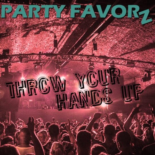 Rave in Warehouse with red filter and cover art for Throw Your Hands Up featuring the latest tech house