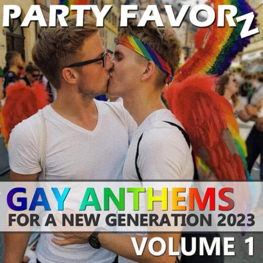 Two twinks kissing at a gay pride event for the cover of Gay Anthems for a New Generation 2023 featuring the most iconic gay pride anthems for 2023