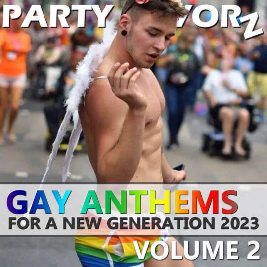 Cute shirtless twink with rainbow shorts and angel wings for the cover art of Gay Anthems For A New Generation 2023 volume 2
