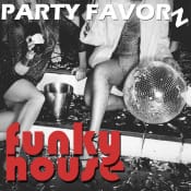 Two ladies dressed for a celebration sitting on stairs next to a disco ball sipping champagne for the coverart of Funky House category