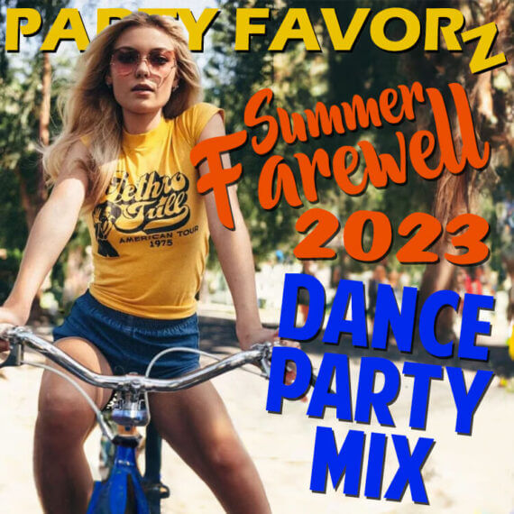 Woman on a bike at the beach wearing a retro Jethro Tull t-shirt and shorts for the cover art of Summer Farewell the end of summer dance party mix.