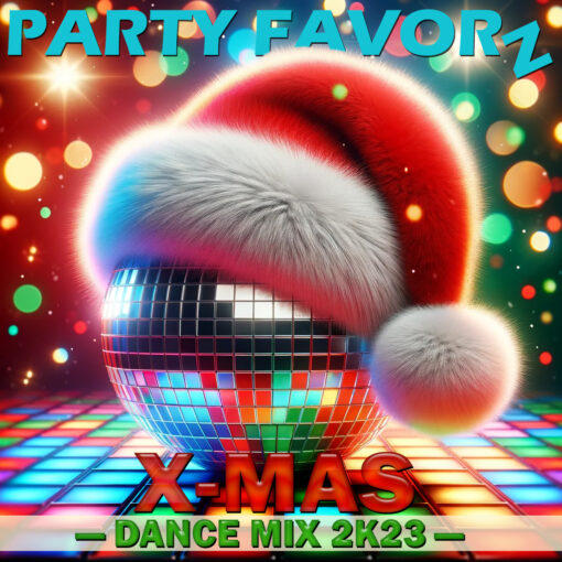 Disco ball with a Santa hat in the middle of the mult-color dance floor for the Cover art of X-mas Dance 2k12 featuring Chrismas dance songs remixed