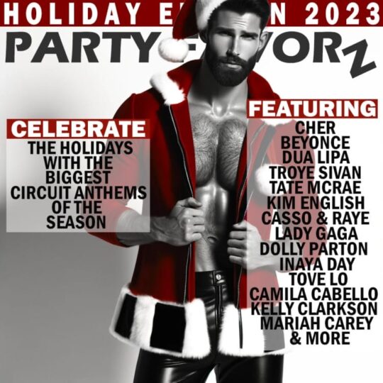 Beefy bear man in fancy Santa jacket with hairy chest exposed and Santa hat for the cover art of Holiday Edition 2023