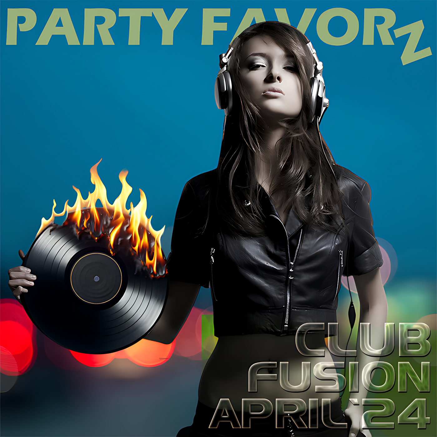 Woman with cropped leather jacket and headphones on her head holding a vinyl LP set to fire for the Club Fusion April 2024 coverart