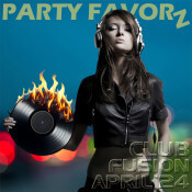 Woman with cropped leather jacket and headphones on her head holding a vinyl LP set to fire for the Club Fusion April 2024 coverart