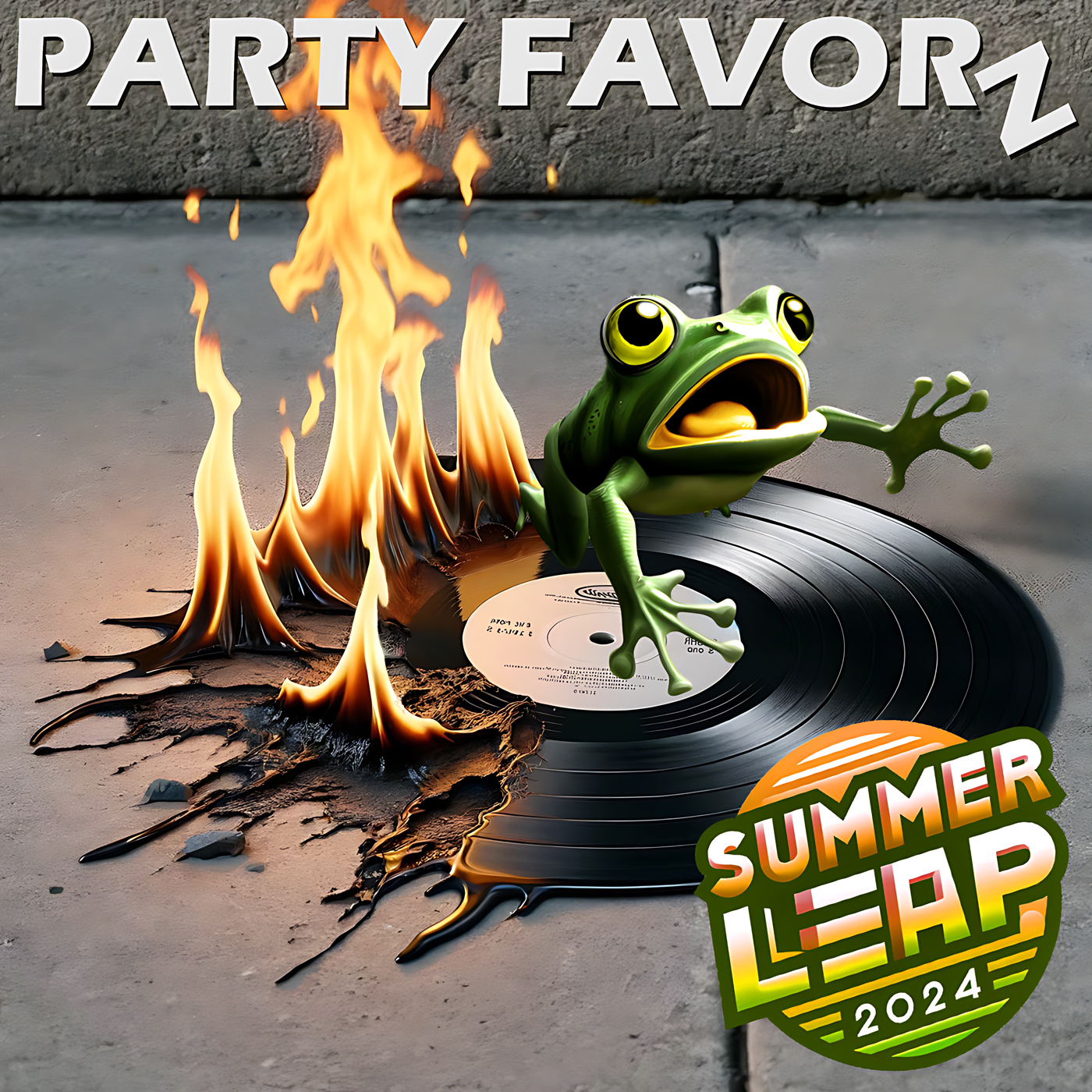 Viny record on fire and melting on a concrete sidewalk with a frog jumping out of the flames for the cover art of "Summer Leap 2024"