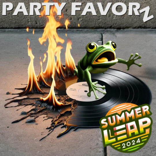 Viny record on fire and melting on a concrete sidewalk with a frog jumping out of the flames for the cover art of "Summer Leap 2024"