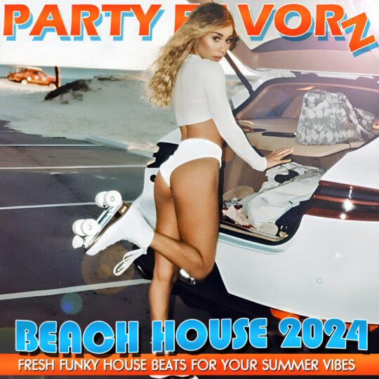 Latina in a white bikin bottom and tight top with rollerskates leaning against the open trunk of a car parked alongside the beach