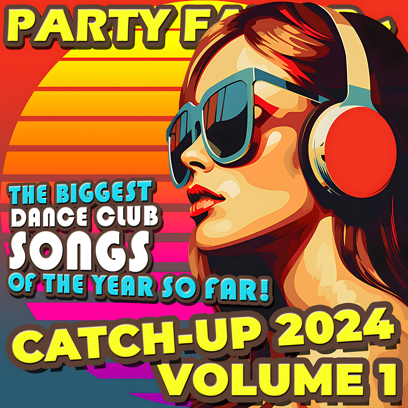 Colorful digital art of a woman with sunglasses and headphones for the cover art of Catch-Up 2024 Volume I