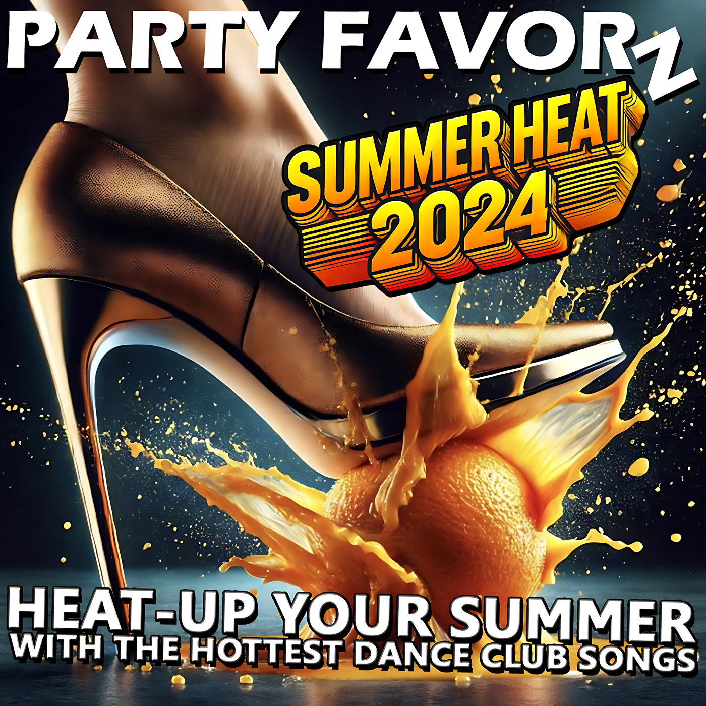 Metallic bronze stilleto pump crushing an orange for the cover art of Summer Heat 2024