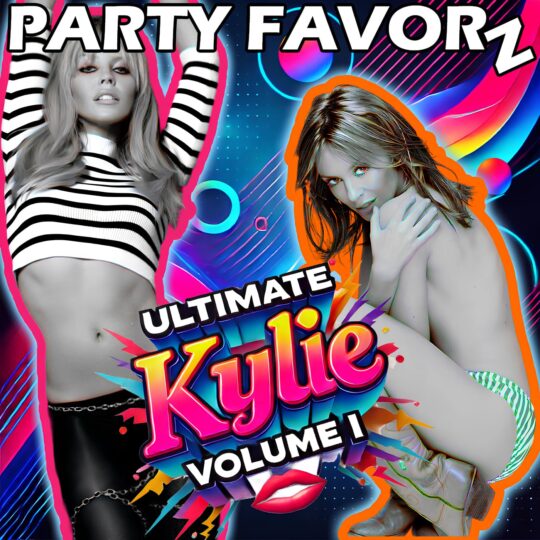 Two black and white pictures of Kylie Minogue from over the years on a vibrant multicolor background as the cover art for the Ultimate Kylie Volume I.
