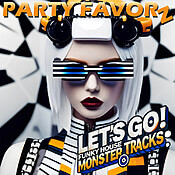 Fututristic woman with white hair in black and white stripe outfit with black and white striped horizontal glasses for the coverart of Let's Go!