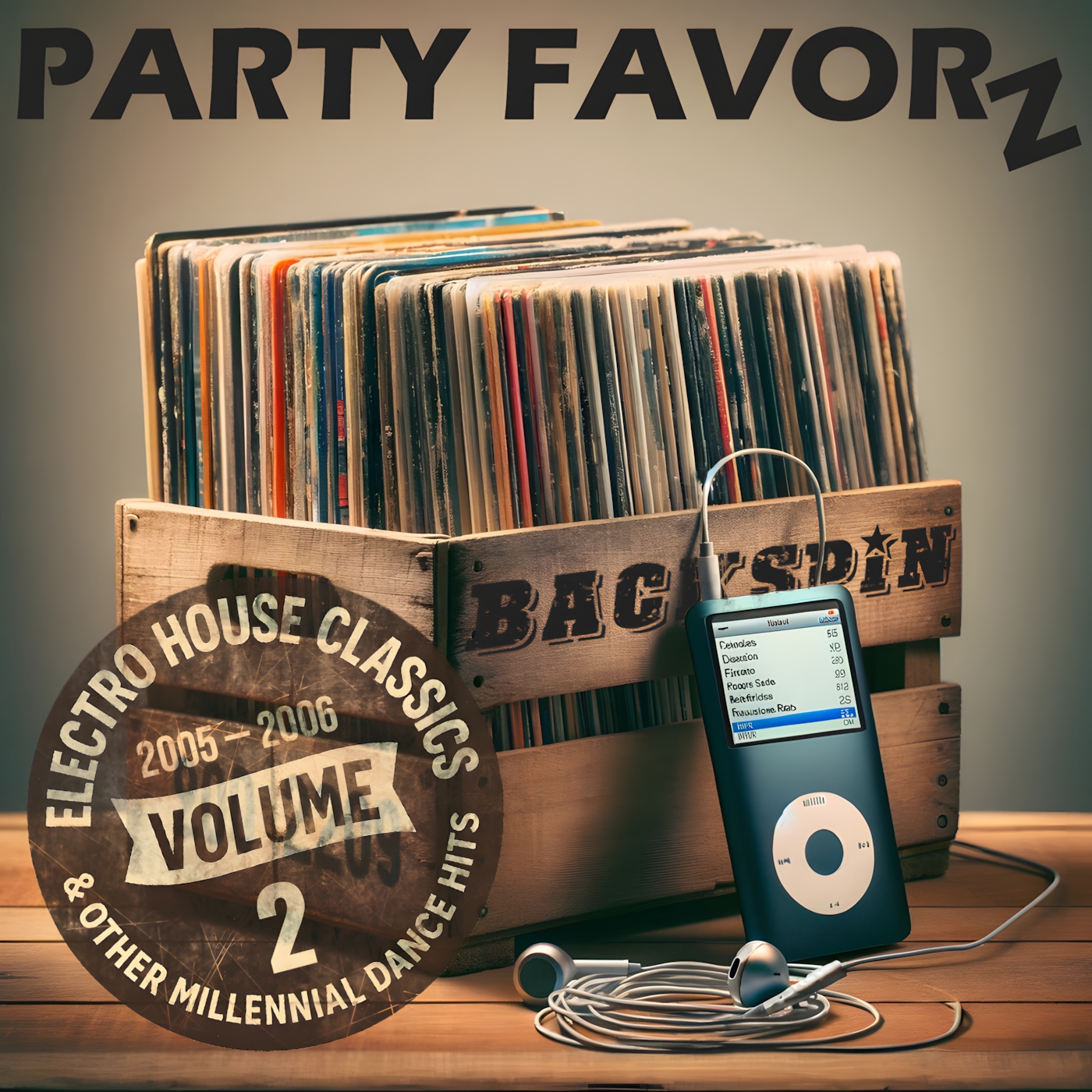 A crate full of albums with an iPod and earbuds leaning on it for the cover art of BackSpin: 2005 — 2006 Volume 2