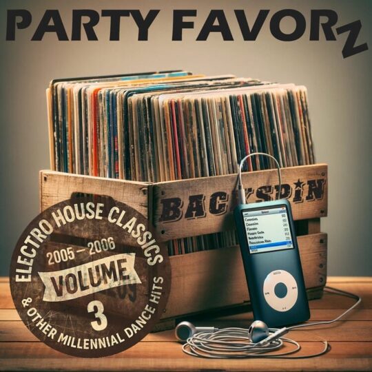 A crate full of albums with an iPod and earbuds leaning on it for the cover art of BackSpin: 2005 — 2006 Volume 3