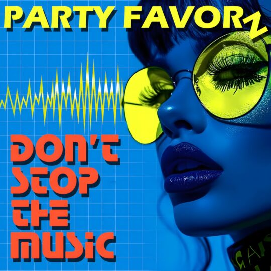 Don’t Stop the Music 2024 cover art featuring a blue-tinted woman in yellow sunglasses beside a neon waveform and retro grid.