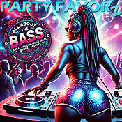 Black woman with long braids wearing shades, headphone and a large booty in Daisy Dukes working the DJ Decks in front of a club audience for the cover art of All About the Bass