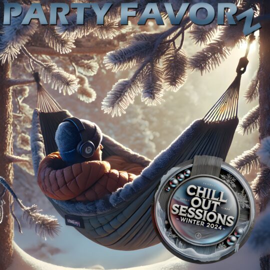Guy with headphone in winter jacket and beanie cap sitting in a hammock held up by two snow-covered trees listening to much for the cover art of Chill Out Sessions Winter 2024