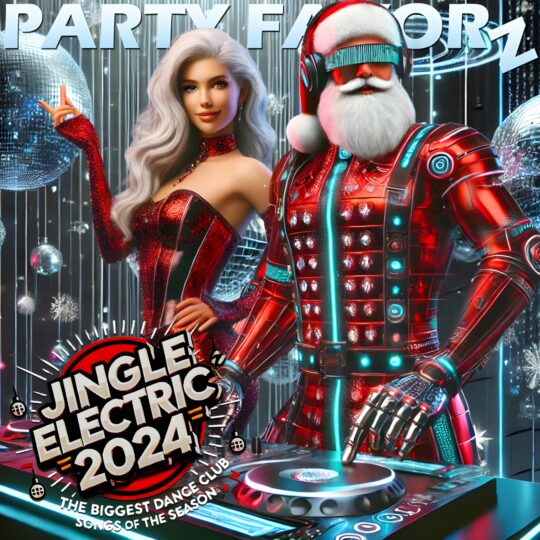 Modern slimmed down Mr and Mrs Clause on the decks for the coverart of Jingle Electric 2024
