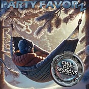 Guy with headphone in winter jacket and beanie cap sitting in a hammock held up by two snow-covered trees listening to much for the cover art of Chill Out Sessions Winter 2024