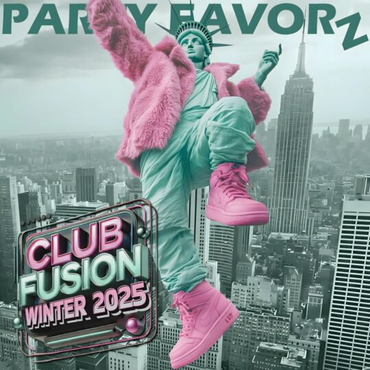 Hip Hop Statue of Liberty hovering over New York with Pink faxu fur coat and pink leather hi-top Nikes for the artwork of Club Fusion Winter 2025