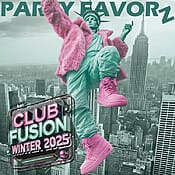 Hip Hop Statue of Liberty hovering over New York with Pink faxu fur coat and pink leather hi-top Nikes for the artwork of Club Fusion Winter 2025