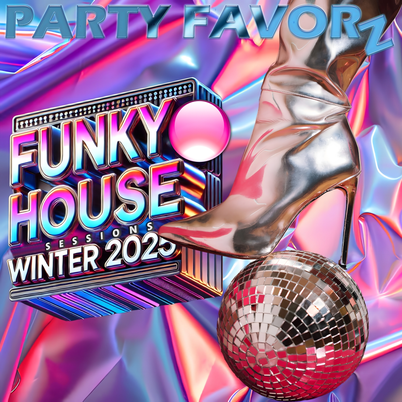 Shiny silver stilleto boot on top of a disco ball for the artwork of Funky House Sessions Winter 2025