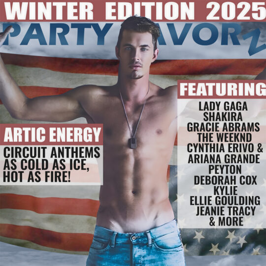 Shirtless hunk in low-cut jeans holidng up an upside down American flag as a sign America is in distress.