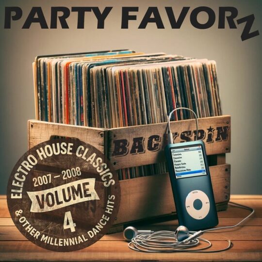 A crate full of albums with an iPod and earbuds leaning on it for the cover art of BackSpin: 2007 — 2008 Volume 4