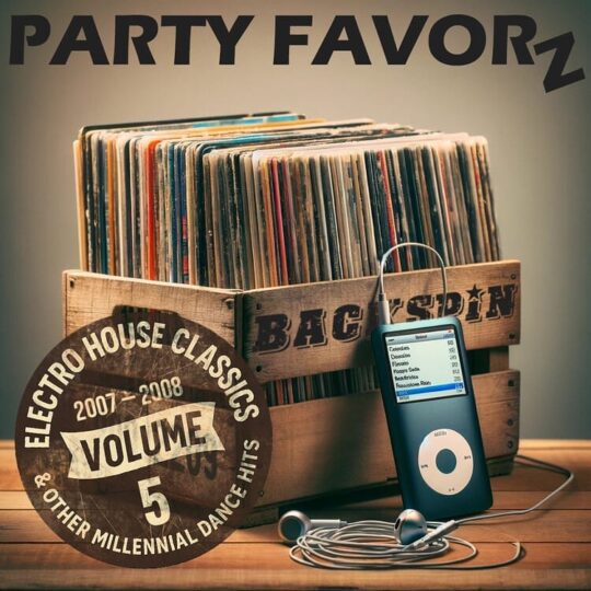 A crate full of albums with an iPod and earbuds leaning on it for the cover art of BackSpin: 2007 — 2008 Volume 5