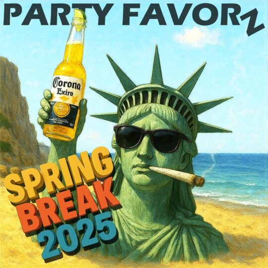 The Statue of Liberty buried in the sand on a beach with her hand held up holding a Corona beer and a large spliff hanging out of her mouth for the cover art of Spring Break 2025.