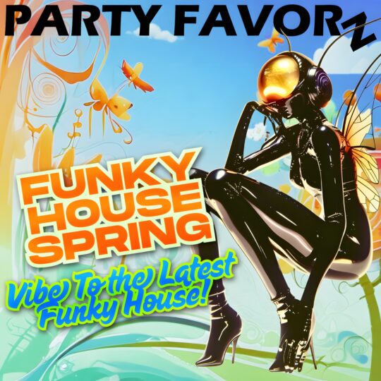 Woman in tight black patent outfit dressed as a butterfly on a colorful funky background for the cover art of Funky House Sessions Spring 2025