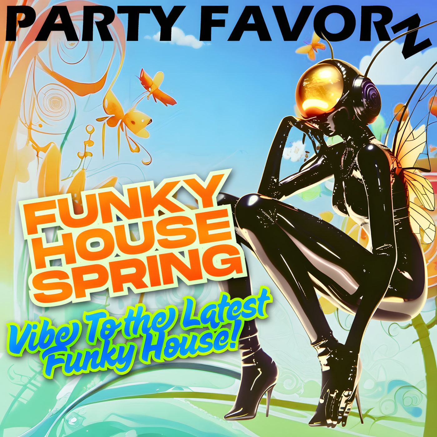 Woman in tight black patent outfit dressed as a butterfly on a colorful funky background for the cover art of Funky House Sessions Spring 2025