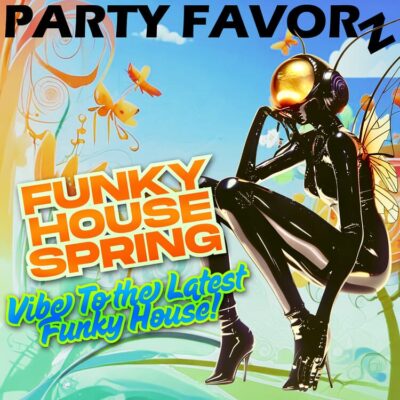 Woman in tight black patent outfit dressed as a butterfly on a colorful funky background for the cover art of Funky House Sessions Spring 2025