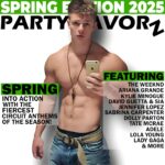 Shirtless young man takes a mirror selfie with a gold smartphone, wearing a leather pendant and low jeans with a tied belt, set against bold black and green typography reading SPRING EDITION 2025 and PARTY FAVORZ, plus green blocks labeled SPRING and FEATURING with artist names—artwork for the Party Favorz episode “Circuit Anthems Spring Edition 20.