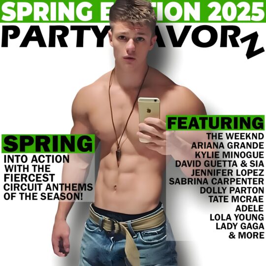 Shirtless young man takes a mirror selfie with a gold smartphone, wearing a leather pendant and low jeans with a tied belt, set against bold black and green typography reading SPRING EDITION 2025 and PARTY FAVORZ, plus green blocks labeled SPRING and FEATURING with artist names—artwork for the Party Favorz episode “Circuit Anthems Spring Edition 20.