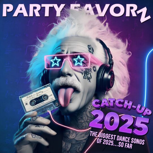 Albert Einstein with pink rimmed star glasses and headphones holding a cassette tape for the cover art of Catch-Up 2025