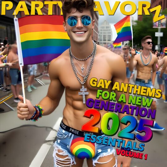 Cute shitless and ripped twink in ripped jean shorts with rainbown colored underwear for the cover art of Gay Anthems For a New Generation 2025 Volume 1